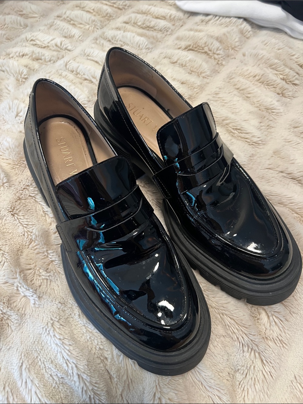 Stuart Weitzman Black Patent Lug Sole Penny Loafers